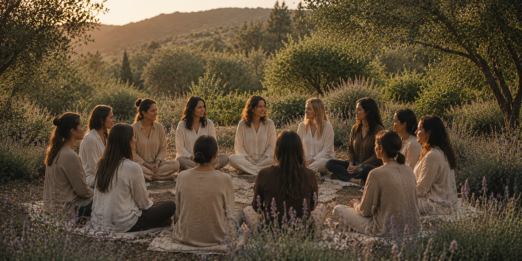 Mujeres en círculo en un campo de lavanda al atardecer
