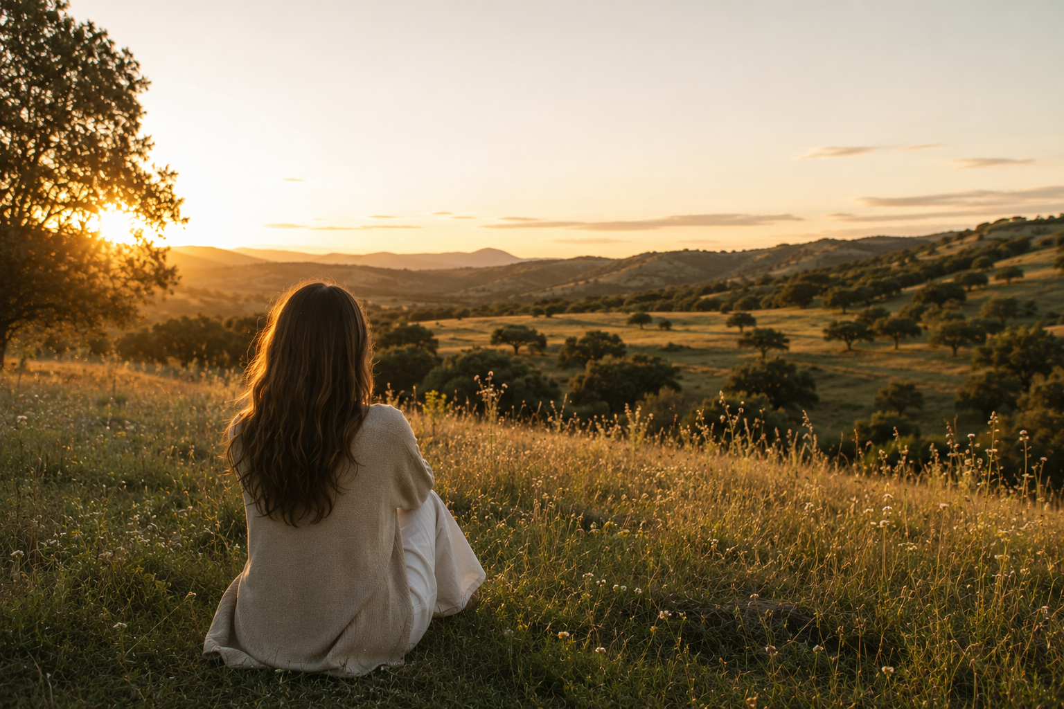 Mujer contemplando el atardecer sobre un prado durante el retiro ÚNICAS STOP